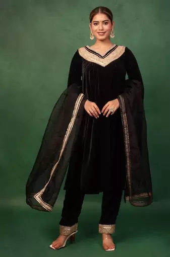 Black Velvet Gotta Work Kurta and Pant with Dupatta Wedding Wear Suit Set Designer Suit Set