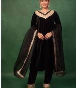 Black Velvet Gotta Work Kurta and Pant with Dupatta Wedding Wear Suit Set Designer Suit Set