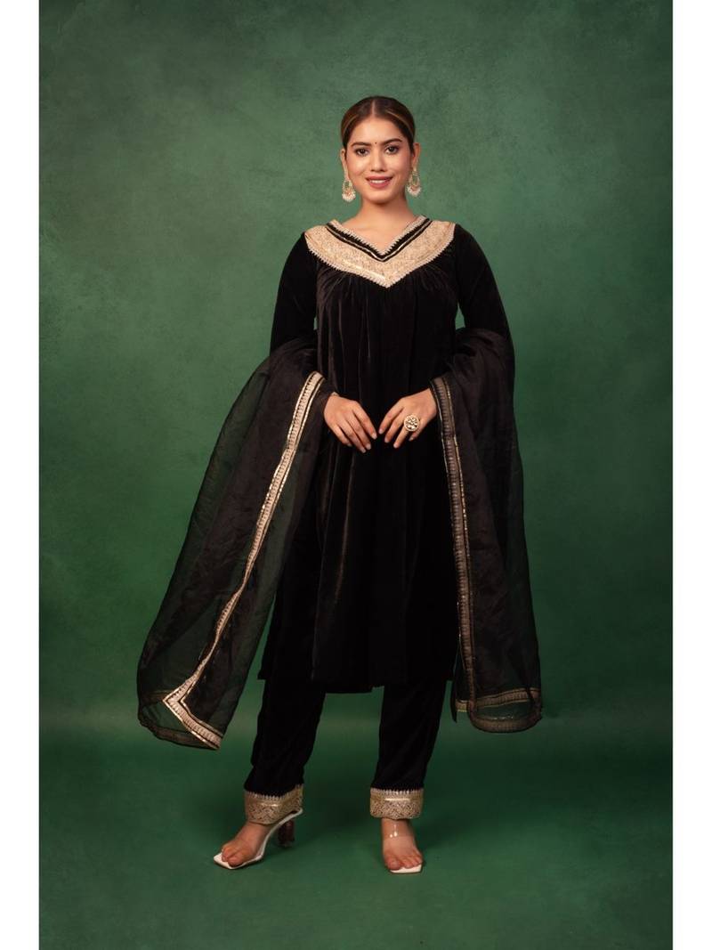 Black Velvet Gotta Work Kurta and Pant with Dupatta Wedding Wear Suit Set Designer Suit Set