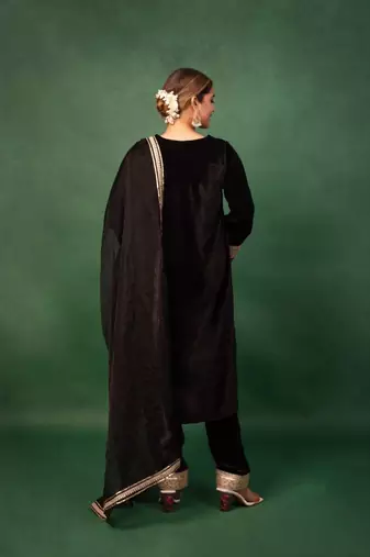 Black Velvet Gotta Work Kurta and Pant with Dupatta Wedding Wear Suit Set Designer Suit Set