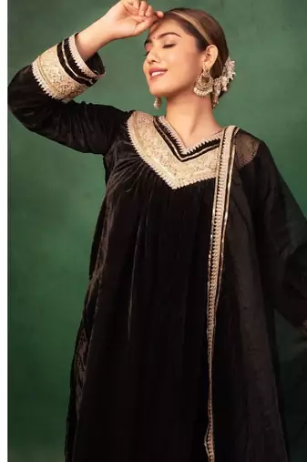 Black Velvet Gotta Work Kurta and Pant with Dupatta Wedding Wear Suit Set Designer Suit Set