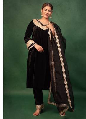 Black Velvet Gotta Work Kurta and Pant with Dupatta Wedding Wear Suit Set Designer Suit Set 4