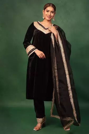 Black Velvet Gotta Work Kurta and Pant with Dupatta Wedding Wear Suit Set Designer Suit Set