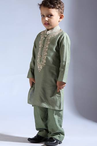 Green embroidered silk kurta pyjama