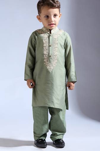 Green embroidered silk kurta pyjama