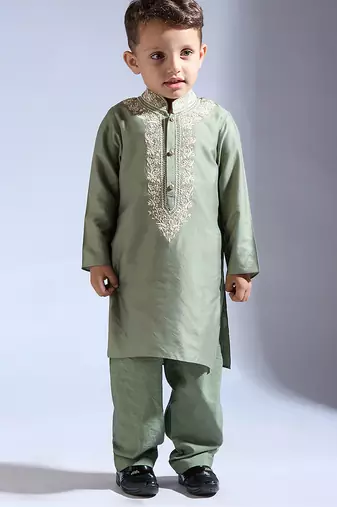 Green embroidered silk kurta pyjama