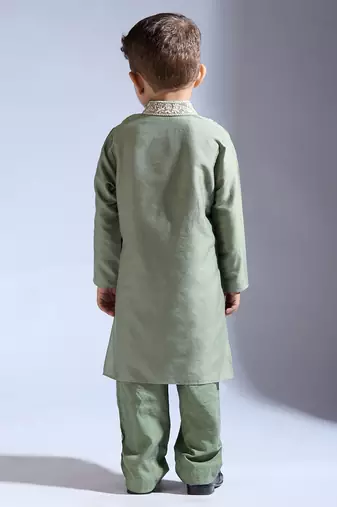 Green embroidered silk kurta pyjama