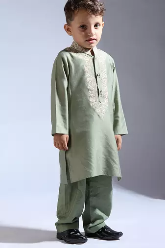 Green embroidered silk kurta pyjama