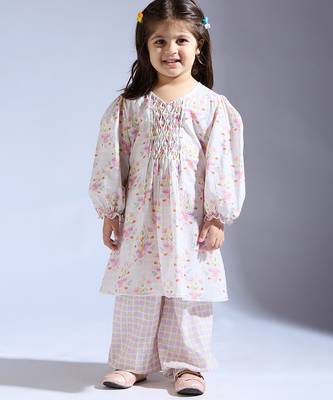 White printed cotton kurta with pant 1