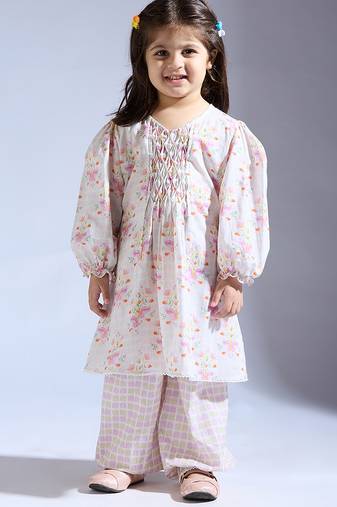 White printed cotton kurta with pant