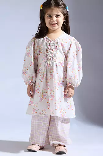 White printed cotton kurta with pant