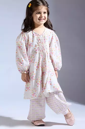 White printed cotton kurta with pant