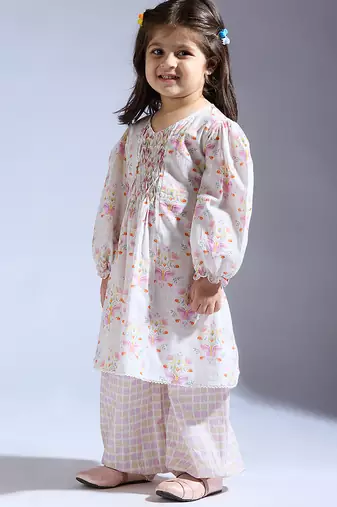 White printed cotton kurta with pant