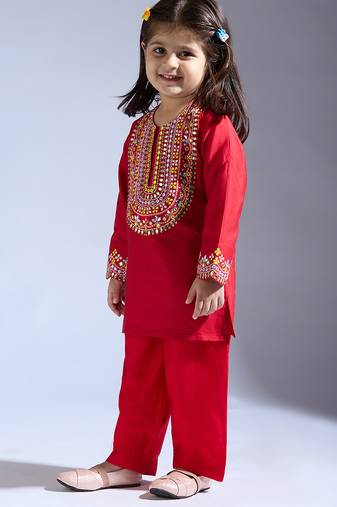 Red embroidered silk kurta with pant
