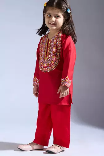 Red embroidered silk kurta with pant