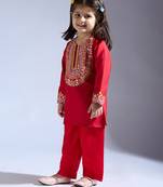 Red embroidered silk kurta with pant