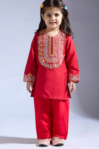 Red embroidered silk kurta with pant