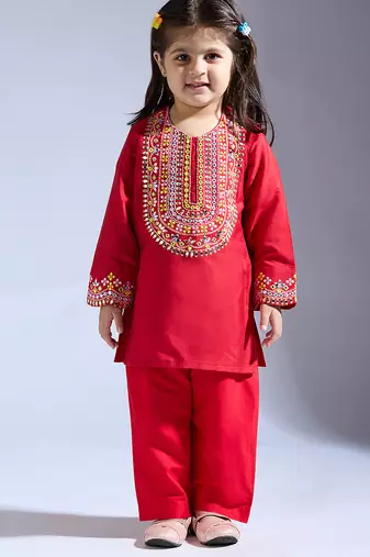 Red embroidered silk kurta with pant
