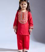 Red embroidered silk kurta with pant