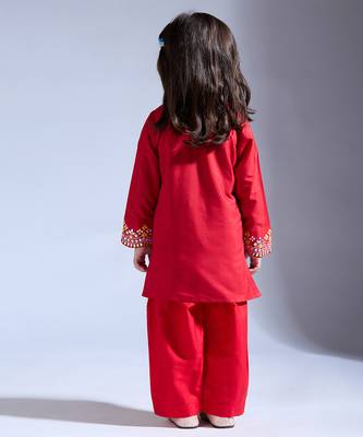 Red embroidered silk kurta with pant 3