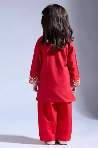 Red embroidered silk kurta with pant