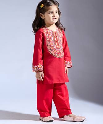 Red embroidered silk kurta with pant 4
