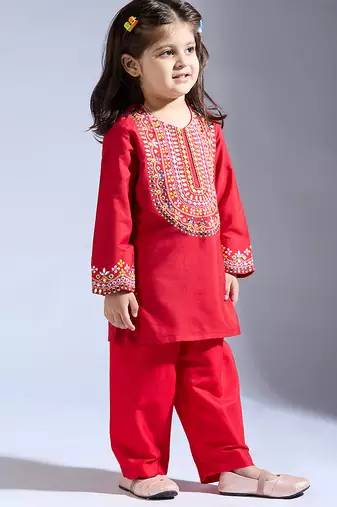 Red embroidered silk kurta with pant