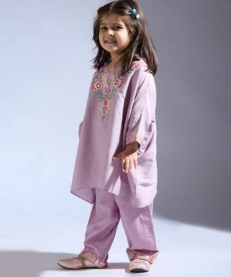 Purple embroidered silk kurta with pant 1