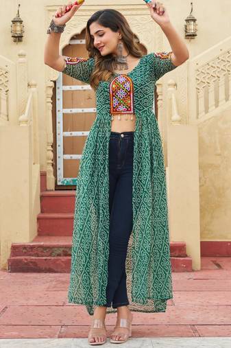 Green faux georgette badhni print with kutchi patche work navratri kurti