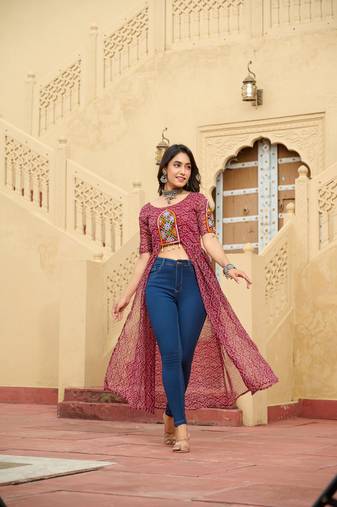 Maroon faux georgette badhni print with kutchi patche work navratri kurti