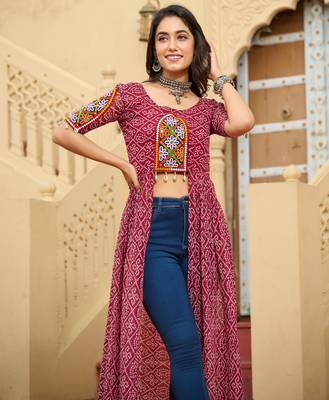 Maroon faux georgette badhni print with kutchi patche work navratri kurti 5