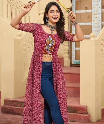 Maroon faux georgette badhni print with kutchi patche work navratri kurti 6