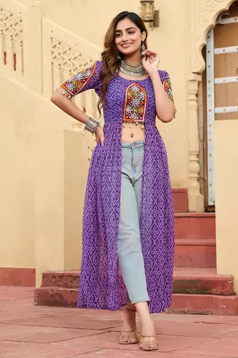 Purple faux georgette badhni print with kutchi patche work navratri kurti