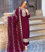Elegant wine colored party wear embroidered stitched viscose pant style kurti suit with duppatta