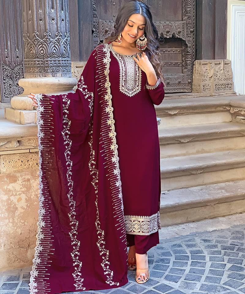 Elegant wine colored party wear embroidered stitched viscose pant style kurti suit with duppatta