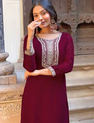 Elegant wine colored party wear embroidered stitched viscose pant style kurti suit with duppatta 2