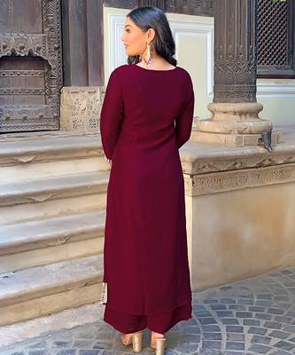 Elegant wine colored party wear embroidered stitched viscose pant style kurti suit with duppatta 3