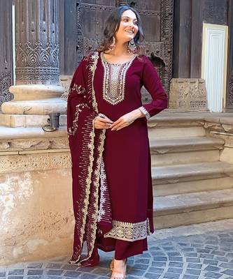 Elegant wine colored party wear embroidered stitched viscose pant style kurti suit with duppatta 4