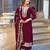 Elegant wine colored party wear embroidered stitched viscose pant style kurti suit with duppatta