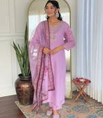 Elegant baby pink colored party wear embroidered stitched rayon pant style kurti suit with duppatta