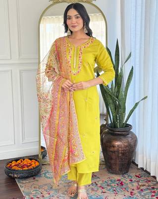 Elegant yellow colored party wear embroidered stitched rayon pant style kurti suit with duppatta 1