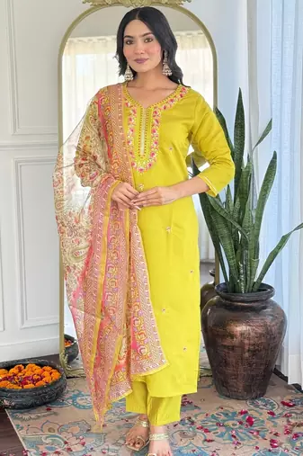 Elegant yellow colored party wear embroidered stitched rayon pant style kurti suit with duppatta
