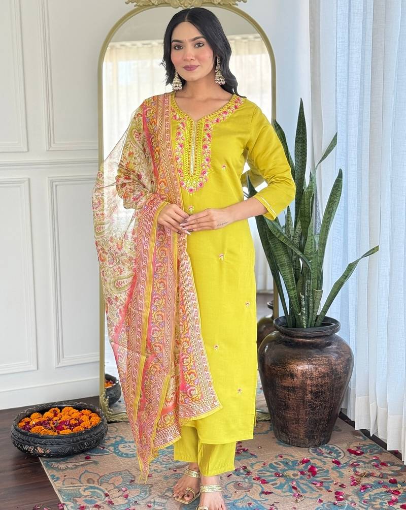 Elegant yellow colored party wear embroidered stitched rayon pant style kurti suit with duppatta