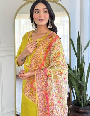 Elegant yellow colored party wear embroidered stitched rayon pant style kurti suit with duppatta 2