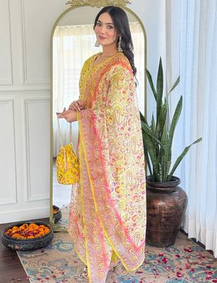 Elegant yellow colored party wear embroidered stitched rayon pant style kurti suit with duppatta 4