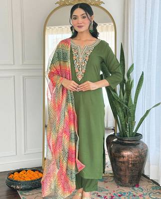 Elegant green colored party wear embroidered stitched rayon pant style kurti suit with duppatta 1