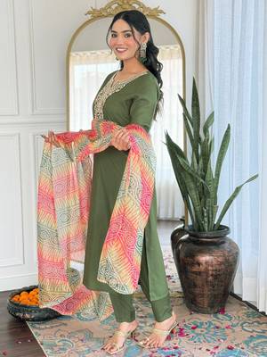 Elegant green colored party wear embroidered stitched rayon pant style kurti suit with duppatta 4