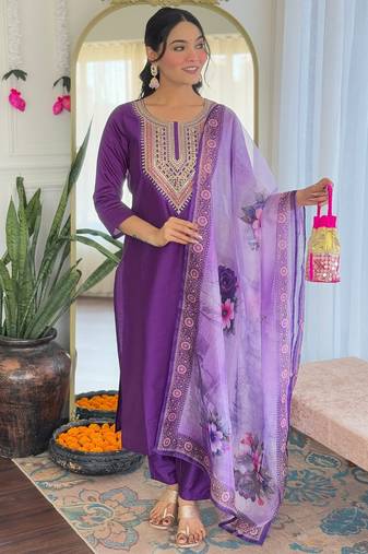 Elegant purple colored party wear embroidered stitched rayon pant style kurti suit with duppatta