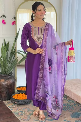 Elegant purple colored party wear embroidered stitched rayon pant style kurti suit with duppatta