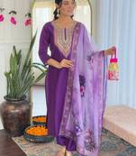 Elegant purple colored party wear embroidered stitched rayon pant style kurti suit with duppatta